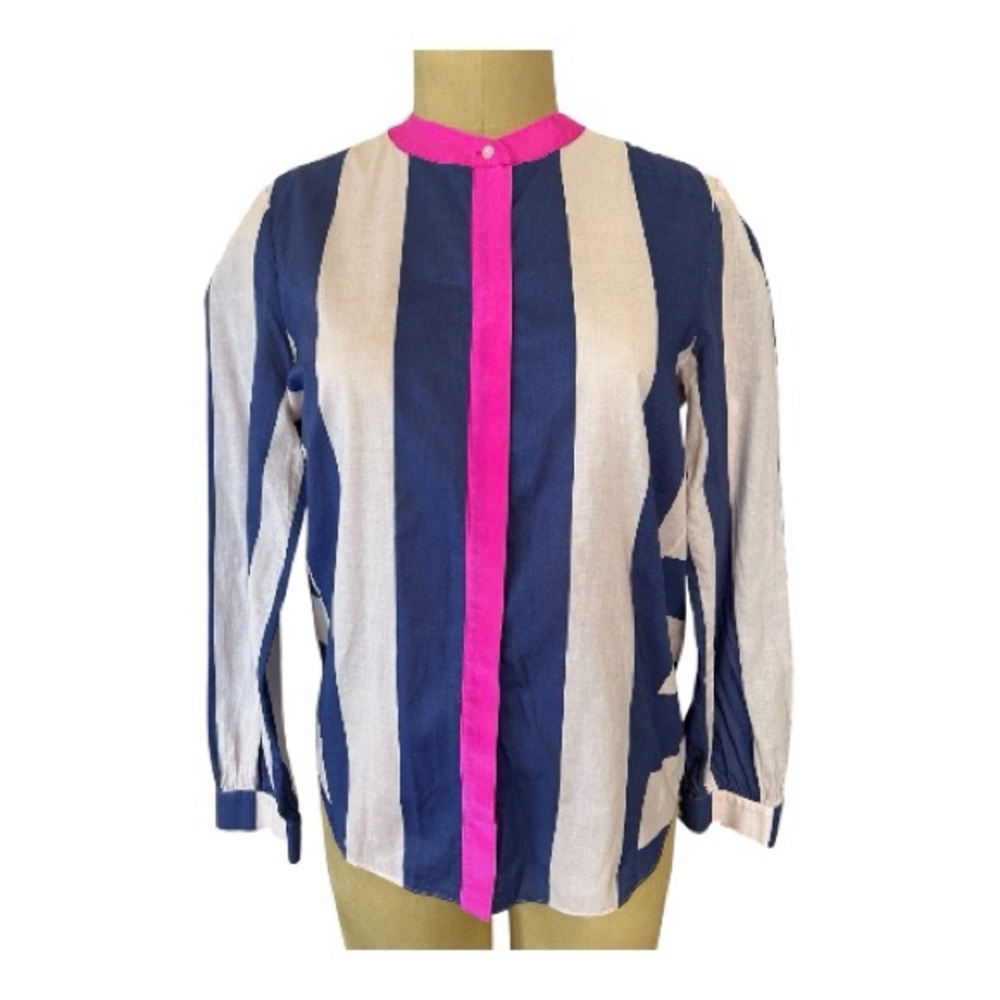 Fashion Stars Saks Fifth Avenue Vtg Y2K Sheer cotton White Pink and Blue Blouse